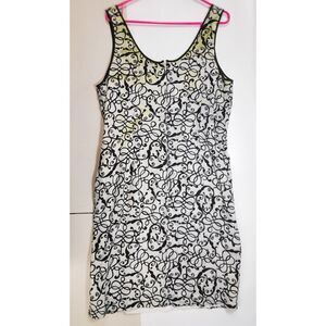 Adrianna Papell 100% Silk Black White Scroll Print Shift Dress Size 16